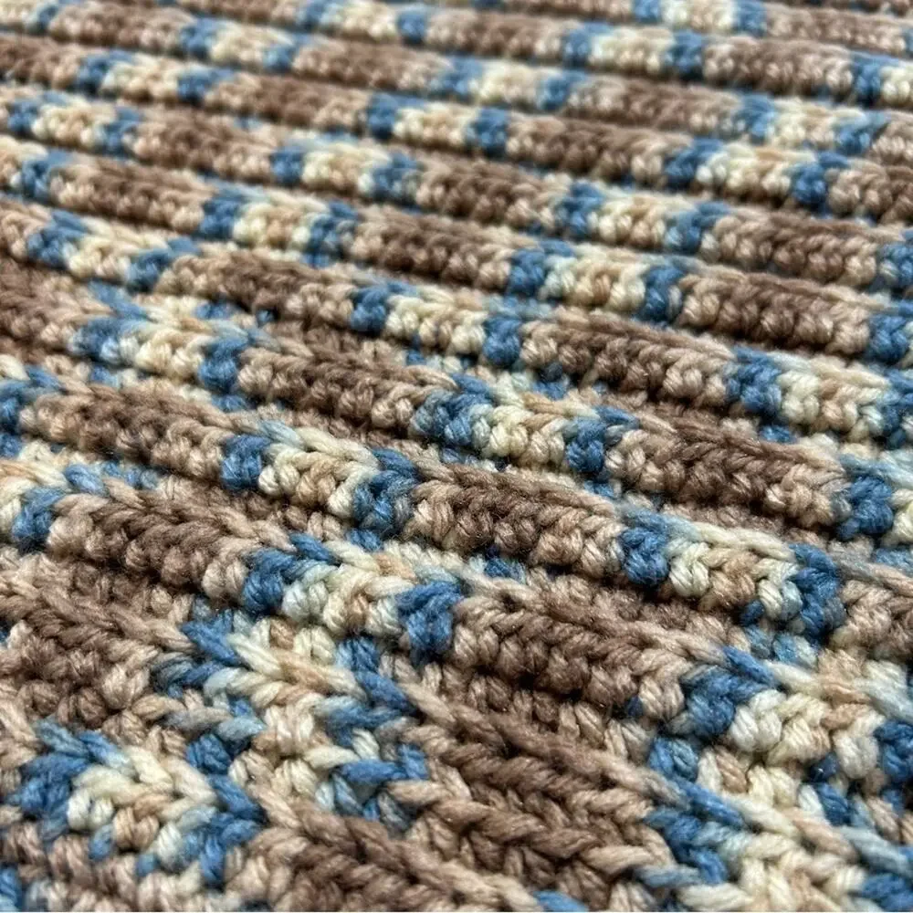 Crochet Blanket in Blues/Browns/Cream colors size L 60” x W 41”